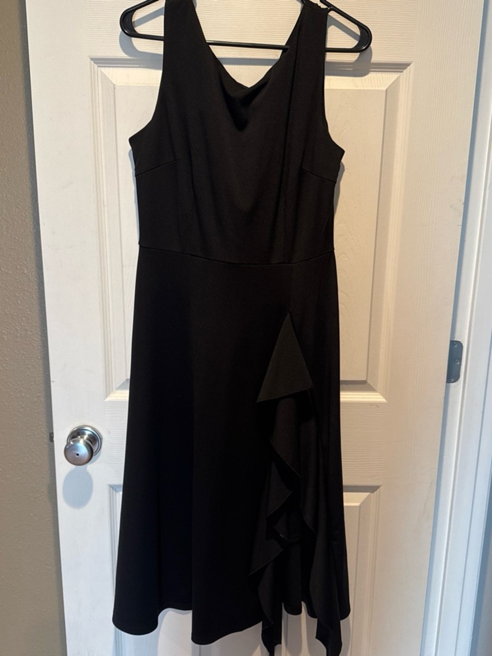 Black Sleeveless Midi Dress with Draped Ruffle Detail